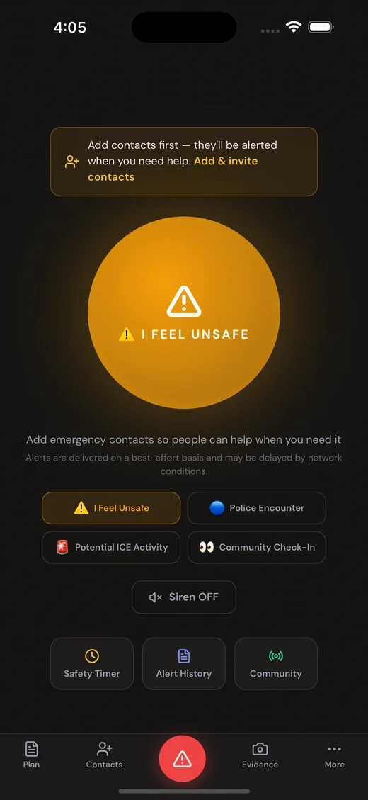 The Sanctuary Alert home screen, with a large I Feel Unsafe button and four alert types below it.