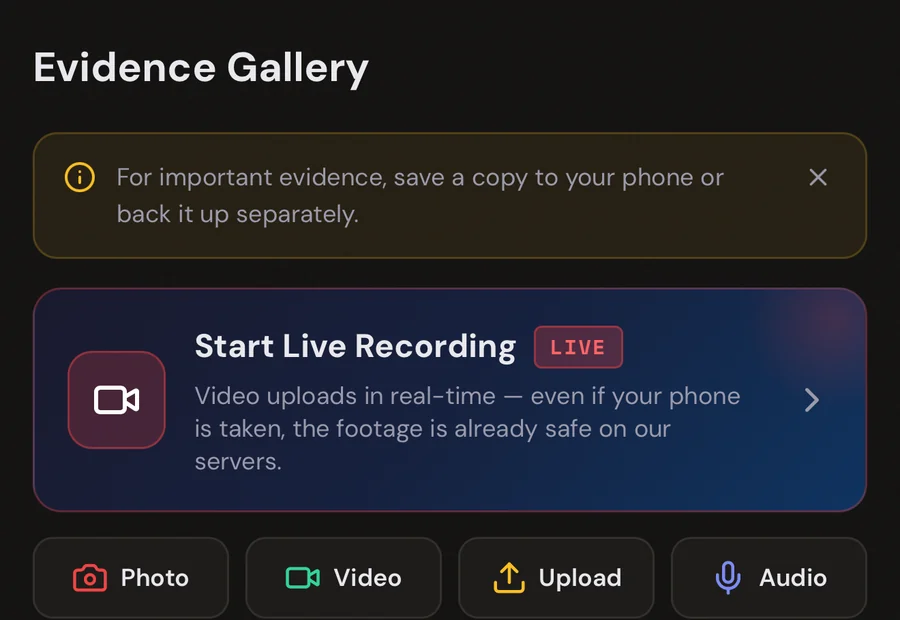The evidence screen, with photo, video, upload, and audio options and a live recording card.