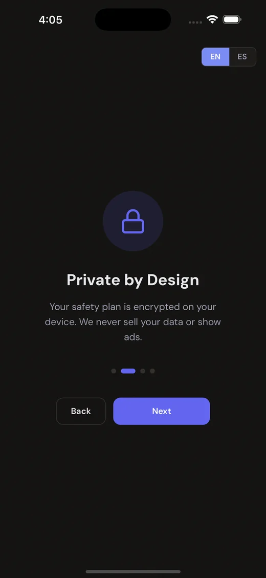 The Private by Design screen: your safety plan is encrypted on your device, and there are no ads.